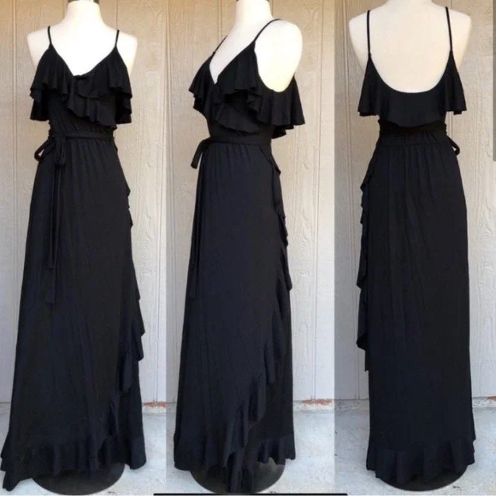 Rachel Pally Lita Black Dress Wrap Front Ruffle Trim I XS I Jersey Knit